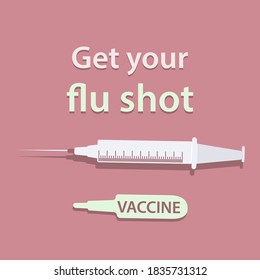 Get your flu shot, syringe, ampoule - vector. Protection against viral infection. Medical vaccination. Banner