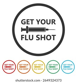 Pegue seu sinal de vacina contra gripe. Definir ícones nos botões de círculo de cores