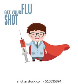 Get your flu shot. Vaccine sign. Health concept. Illustration of a doctor with a syringe in his hand.