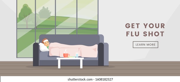 Get your flu shot webpage template. Virus infection prevention, immunization web banner concept, medical service advertising poster design. Sick people flat vector illustration with typography