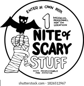 Get your halloween party started right with this spooky sign. This clip art piece features scary nite, mummy fist, and bat all in front of a full moon.