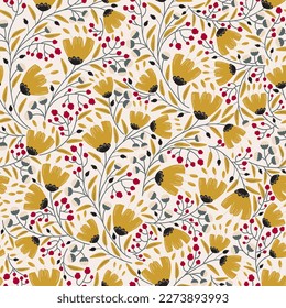 Holen Sie sich die Hände auf das schönste Blumenmuster herum und bringen Sie die Außenwelt mit diesem wunderschönen handgezeichneten, nahtlosen Design ins Innere. Die gelbe Blume und die grünen Blattfarben verleihen dem Leben 