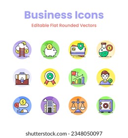 Get your hands on this beautifully designed business icons set in trendy style, ready to use vectors