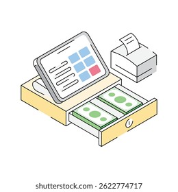 Ponga sus manos en este icono isométrico de la caja registradora