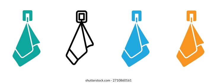 Ponga sus manos en este diseño de icono de toalla colgante. Toallas de colores limpios para la frescura del cuarto de baño o de la cocina. Vector de toalla de limpieza. 