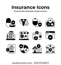 Get your hold on this visually appealing insurance icons set, security, protection, assurance and safety vectors, premium design