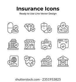 Lassen Sie sich von diesem visuell ansprechenden Versicherungs-Icons-Set, Sicherheits-, Schutz-, Sicherungs- und Sicherheitsvektorgrafiken, Premium-Design begeistern