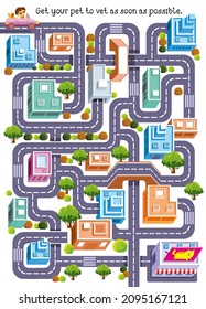 Get your pet to vet as soon as possible. Maze game, activity for kids. Vector illustration. 