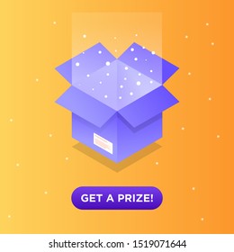 Get your prize, reward isometric vector illustration web banner. Funny cartoon gift box and confetti explosion Icon for a game interfaces. You can win prizes. Lottery advertising template.