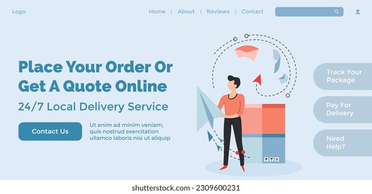 Get your quote online or place your order, service for tracking and delivery cargo and parcel from shop, store or market, Website landing page template, online site. Vector in flat style illustration
