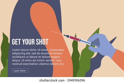 Get Your Shot. Man Getting Injection. Medicine And Vaccination Concept For Poster And Website. Vector Illustration With Nurse, Injector And Vaccine Bottle. Covid-19