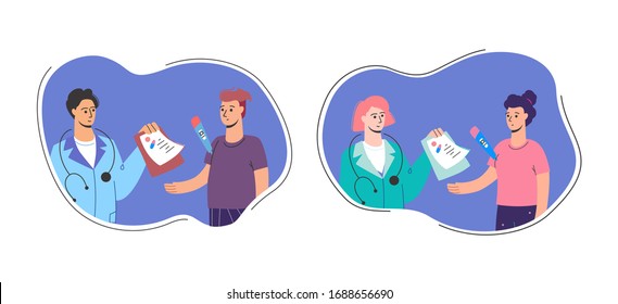 Get your sick leave. The doctor writes a prescription, quarantine. Medical assistance from a doctor at home.
Cartoon characters, vector illustration on a white background: men and women.