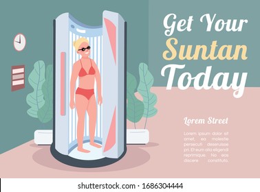 Get your suntan today banner flat vector template. Brochure, poster concept design with cartoon characters. Woman tanning in sunbed. Artificial sunbath horizontal flyer, leaflet with place for text