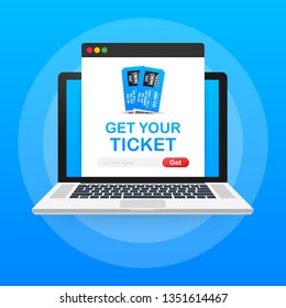 Get your ticket online. Cinema movie ticket online order concept. Vector stock illustration