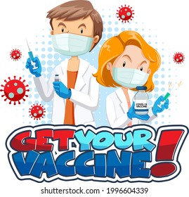 Get Your Vaccine font banner with doctor cartoon character illustration