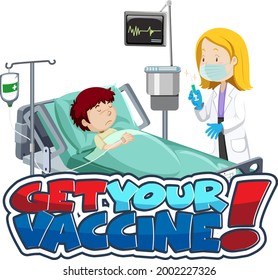 Get Your Vaccine font banner with patient and doctor cartoon character illustration
