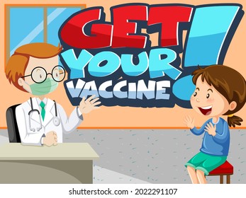 Get Your Vaccine font banner with a girl meets a doctor cartoon character illustration