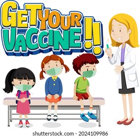 Get Your Vaccine font banner with many kids waiting in queue to see a doctor illustration