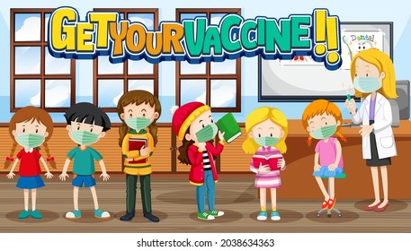 Get Your Vaccine font banner with many kids waiting in queue to get vaccine illustration