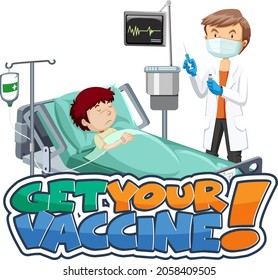 Get Your Vaccine font banner with patient and doctor cartoon character illustration