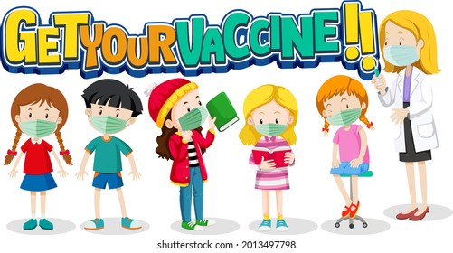 Get Your Vaccine font with many kids waiting in queue to get covid-19 vaccine illustration