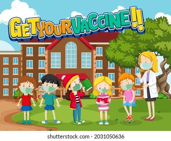 Get Your Vaccine font with many kids waiting in queue to get covid-19 vaccine illustration