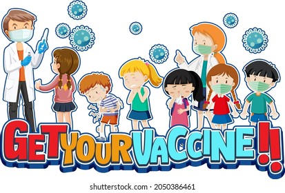 Get Your Vaccine font with many kids waiting in queue to get covid-19 vaccine illustration