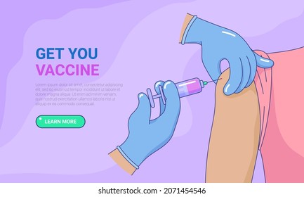 Get your vaccine website, patient getting flu shot. Stop Coronavirus pandemic immunization campaign. Medical treatment, healthcare, disease prevention landing page vector illustration