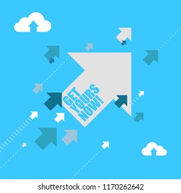 get yours now multiple arrows following a leader concept, isolated over a blue background