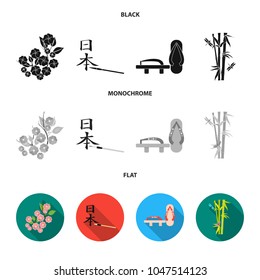 Geta, sakura flowers, bamboo, hieroglyph. Japan set collection icons in black, flat, monochrome style vector symbol stock illustration web.