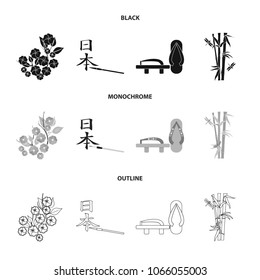 Geta, sakura flowers, bamboo, hieroglyph.Japan set collection icons in black,monochrome,outline style vector symbol stock illustration web.