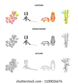 Geta, sakura flowers, bamboo, hieroglyph.Japan set collection icons in cartoon,outline,monochrome style vector symbol stock illustration web.