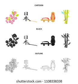 Geta, sakura flowers, bamboo, hieroglyph.Japan set collection icons in cartoon,black,outline style vector symbol stock illustration web.