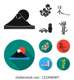 Geta, sakura flowers, bamboo, hieroglyph.Japan set collection icons in black, flat style vector symbol stock illustration web.