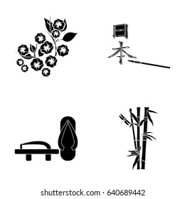 Geta, sakura flowers, bamboo, hieroglyph.Japan set collection icons in black style vector symbol stock illustration web.