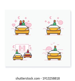 Getaway car color icons set. Relax and travel by automobile concept. Contains such icons as garage, time alone, romantic date. Isolated vector illustration 