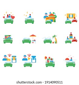 Getaway car flat icons set. Relax and travel by automobile concept. Contains such icons as garage, church, garage, drive-in cinema.3D color vector illustrations