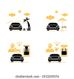 Getaway car glyph icons set. Relax and travel by automobile concept. Contains such icons as pet seat, picnic near car, near beach etc. Filled flat signs. Isolated silhouette vector illustrations