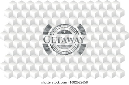 Getaway realistic grey emblem with cube white background
