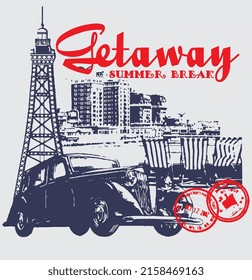 Descanso estival Getaway Torre Eiffel ilustración de coche vintage T-Shirt Imprimir gráfico vectorial gráfico arte
