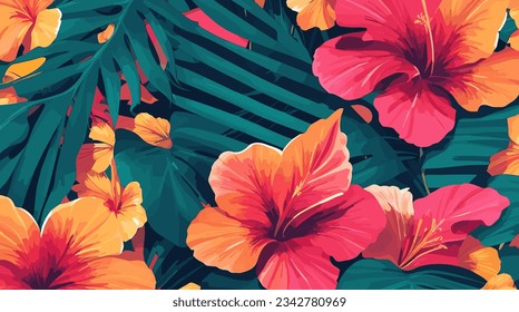 Getaway to Tropical Paradise with vibrant vector pattern: hibiscus flowers and palm leaves. Ideal for travel, decor, fashion, and more. Editable-Customizable.