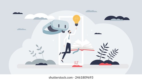 Getaway to virtual learning and education accessibility tiny person concept. Using internet lessons for personal growth and development vector illustration. Online VR or AR tech usage for studying.