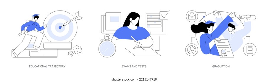 Getting an academic degree abstract concept vector illustration set. Educational trajectory, exams and tests, graduation day, school classroom, exam timetable, test results abstract metaphor.