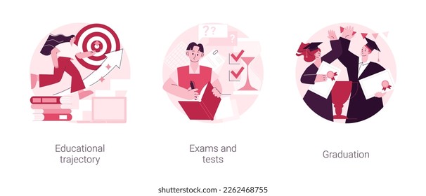 Getting an academic degree abstract concept vector illustration set. Educational trajectory, exams and tests, graduation day, school classroom, exam timetable, test results abstract metaphor.