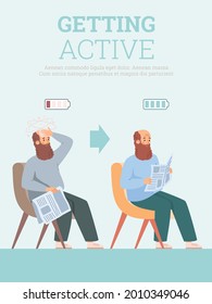 Obteniendo el concepto activo de la pancarta con el personaje principal, la ilustración vectorial plana. Reducir la resistencia física en la vejez y mantener un estilo de vida activo.