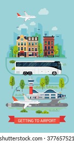 Getting to airport on bus shuttle vector illustration with lovely detailed cityscape town street with houses and trees, tramway train and airport terminal with runway and plane taking off or landing