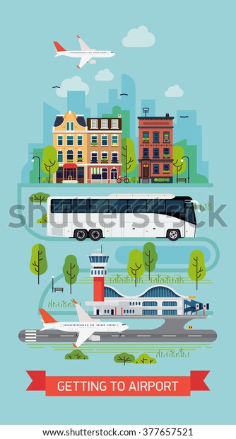 Getting to airport on bus shuttle vector\
illustration with lovely detailed cityscape town street with houses\
and trees, tramway train and airport terminal with runway and plane\
taking off or landing