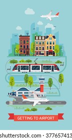 Getting to airport on tramway vector illustration with lovely detailed cityscape town street with houses and trees, tramway train and airport terminal with runway and plane taking off or landing
