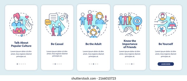 Getting along with teenagers onboarding mobile app screen. Be casual walkthrough 5 steps editable graphic instructions with linear concepts. UI, UX, GUI template. Myriad Pro-Bold, Regular fonts used
