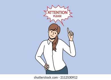 Getting attention and promotion concept. Young businesswoman standing and pointing with finger at attention please lettering sign vector illustration 